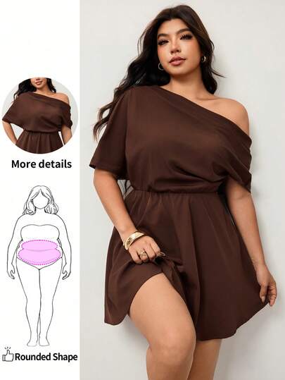 Enliva Plus Size Women's Casual Commute Date Night Business Asymmetric Neckline Cinched Waist A-Line Summer Chocolate Brown Coffee Wedding Guest Dress Spring