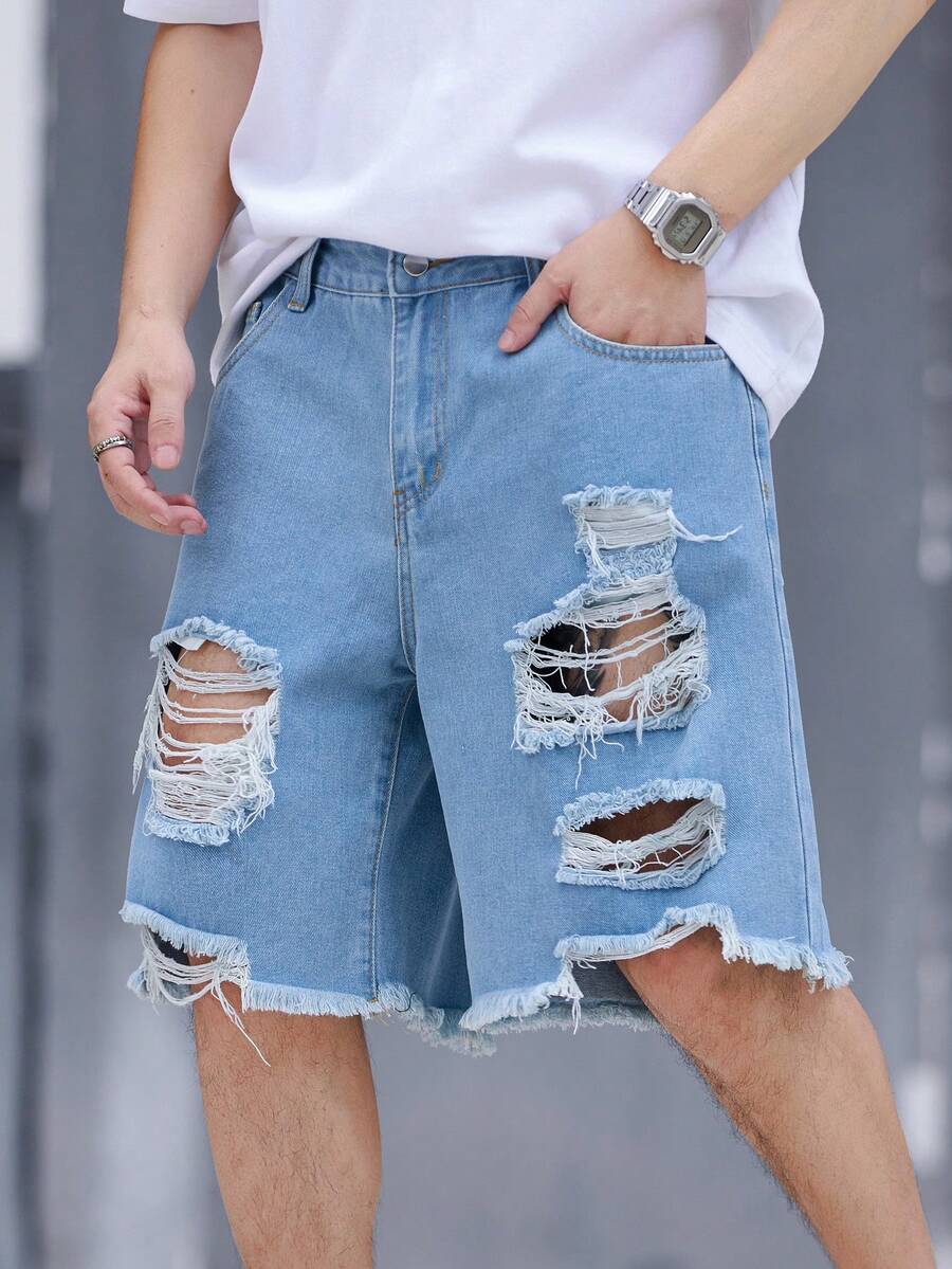 Manfinity Hypemode Shorts décontractés en jean délavé et effiloché avec poches, coupe ample, grande taille pour hommes - Bleu azur - Voir 1