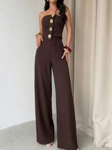 Firerie 女款深棕色金屬鈕扣裝飾百褶短版上衣與高腰長褲套裝，優雅夏季早午餐辦公穿搭，通勤派對服飾 - 棕色 - 查看 9