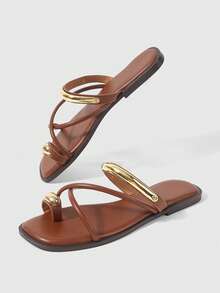 Sleekvia Ladies Comfortable Flat Wear-Resistant Versatile  Metal Outdoor Flip-Flops Slippers Summer - Brown 01 - View 9