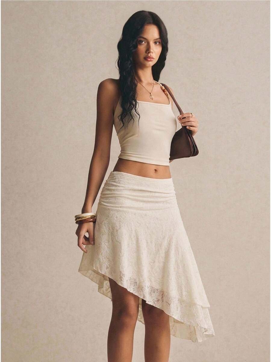 Poéselle 女款夏季優雅素色提花不對稱下擺裙