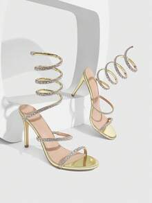 CUCCOO SZL Gold Rhinestone Spiral Ankle Wrap Women's Heeled Sandals - Gold - View 1