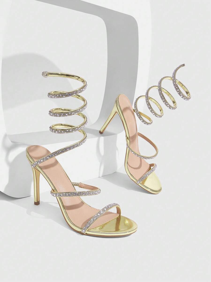 CUCCOO SZL Gold Rhinestone Spiral Ankle Wrap Women's Heeled Sandals - Gold - View 1