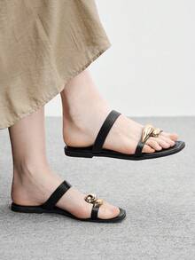 CUCCOO BIZCHIC Minimalist Black Leather Metal Drop Toe Flats - Black - View 5