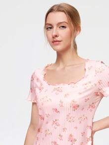 Bonmuse Sweet Floral Print Pink Pajama Set - Short Sleeve Top + Wide Leg Shorts, Soft Fabric, Girlish Homewear Outfit, 2 Pieces Set - Pink - View 6