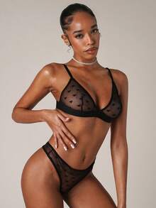 SHEIN BAE Valentine's Day Sexy Sheer Heart Jacquard Mesh Wireless 2Pcs Lingerie Set - Black - View 4