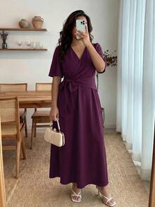 Enliva Plus Size Elegant Solid Color Tie-Wrap Dress, Suitable For Party Curve Elegant Dress Plus Size Bridesmaid Dress - Red Violet - View 5