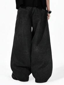 ROMWE MEN Jeans rectos de ajuste holgado con estampado lavado de peso pesado para hombres - Negro - Ver 2