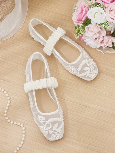 CUCCOO HITCHD Women's Flat Bottom Square Toe Elastic Band Mesh Flower Embroidery Pearl Elegant Temperament Slip-On Shoes