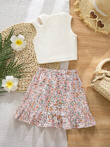 Emery Rose Kids Emery Rose Kids 少女純色圓領無袖T恤與花卉荷葉邊裙時尚套裝 - 粉色 - 查看 2