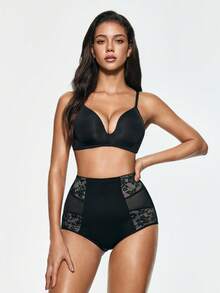 SHAPORA 1件女款蕾絲拼接塑形內褲 - 黑色 - 查看 2