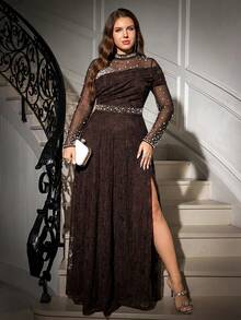 Reflora Gaun Ukuran Besar Elegan Minimalis dengan Dekorasi Mutiara Imitasi, Lengan Panjang, dan Belahan, Cocok untuk Musim Gugur - Coffee Brown - View 7