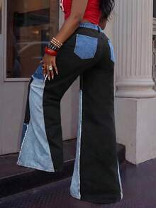 BriallanyX BriallanyX Women's Denim Patchwork Ultra Wide Leg Low Waist Pants Night Out Black Fall 2000s Y2k - Multicolor - View 2