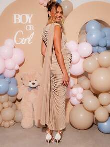 Loomaby Elegant Ruched Fitted Party Dress For Pregnant Women Dress Gender Reveal Dress Maternity Dress Baby Shower Dress - Apricot - View 6