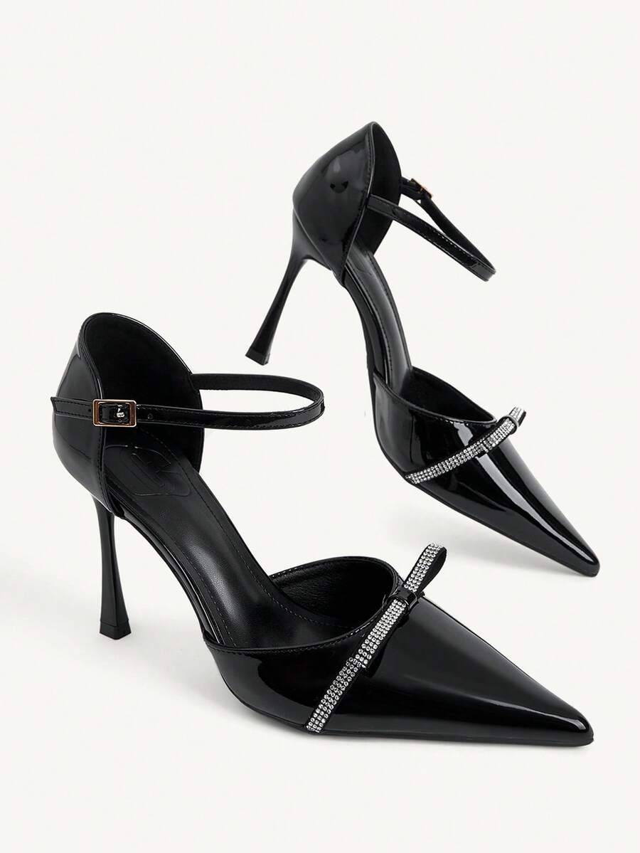 CUCCOO CHICEST Sexy Black Patent Leather Rhinestone Bow Pointed Toe Stiletto High Heels, Side Space Design Shoes, Dating And Commuting Two Shoes - Black - View 1