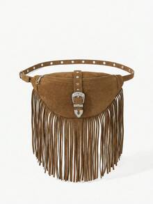 Viva Strut Women's Retro Hardware Buckle And Rivet Tassel Waist Bag/Chest Bag, Brown, Fashionable Personalized Street Style, Sweet And Cool Girls Y2K - Suede Brown - View 1