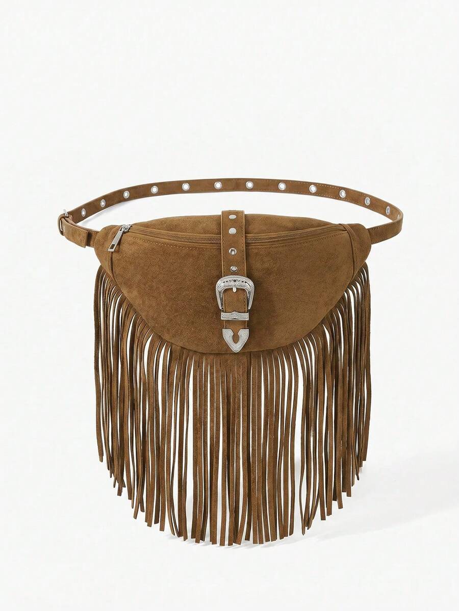 Viva Strut Women's Retro Hardware Buckle And Rivet Tassel Waist Bag/Chest Bag, Brown, Fashionable Personalized Street Style, Sweet And Cool Girls Y2K - Suede Brown - View 1
