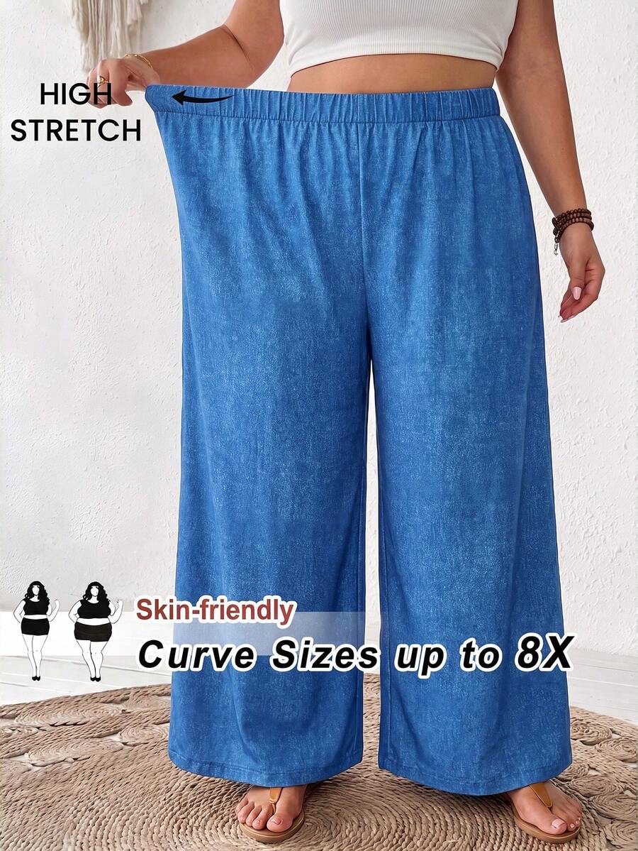 SHEIN CURVE+ 大尺碼女款花卉印花休閒百搭寬腿褲,適合日常穿著 - 藍色 - 查看 1
