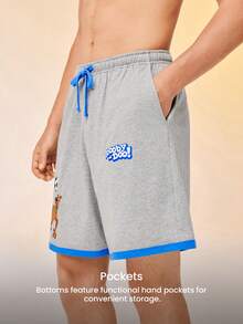 LUVLETTE Scooby-Doo Men's Soft Cotton Lounge Shorts Gray Color Block Sleep Shorts With Blue Trim & Cartoon Print Summer Pajamas Graphic - Grey - View 5