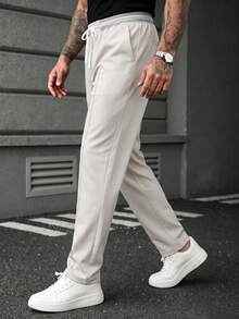 Manfinity CasualCool 1件男士成熟休閒長褲，米色布料，通勤百搭，時尚舒適，男友禮物、丈夫禮物、週年紀念禮物 - 米色 - 查看 6