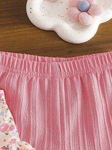 SHEIN Playful Pals 2件組女嬰幼兒/新生兒0-3歲春夏季休閒甜美日常度假條紋編織無袖背心上衣&寬腿褲套裝 - 粉色 - 查看 4