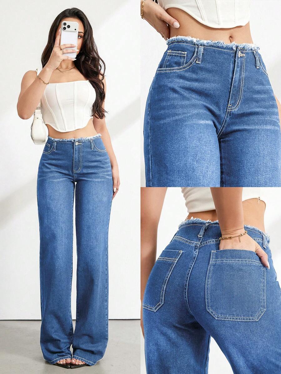 SHEIN Tall 女款高腰鈕扣口袋寬鬆寬腿藍色牛仔褲,春夏休閒度假日常街頭七分牛仔褲 - 中等水洗藍 - 查看 1