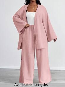SHEIN PETITE CURVE 大尺碼女款休閒兩件套 前綁帶長袖上衣與長褲套裝 素色粉色 適合海灘正式度假商務穿搭 夏季秋季 - 藕粉色 - 查看 1