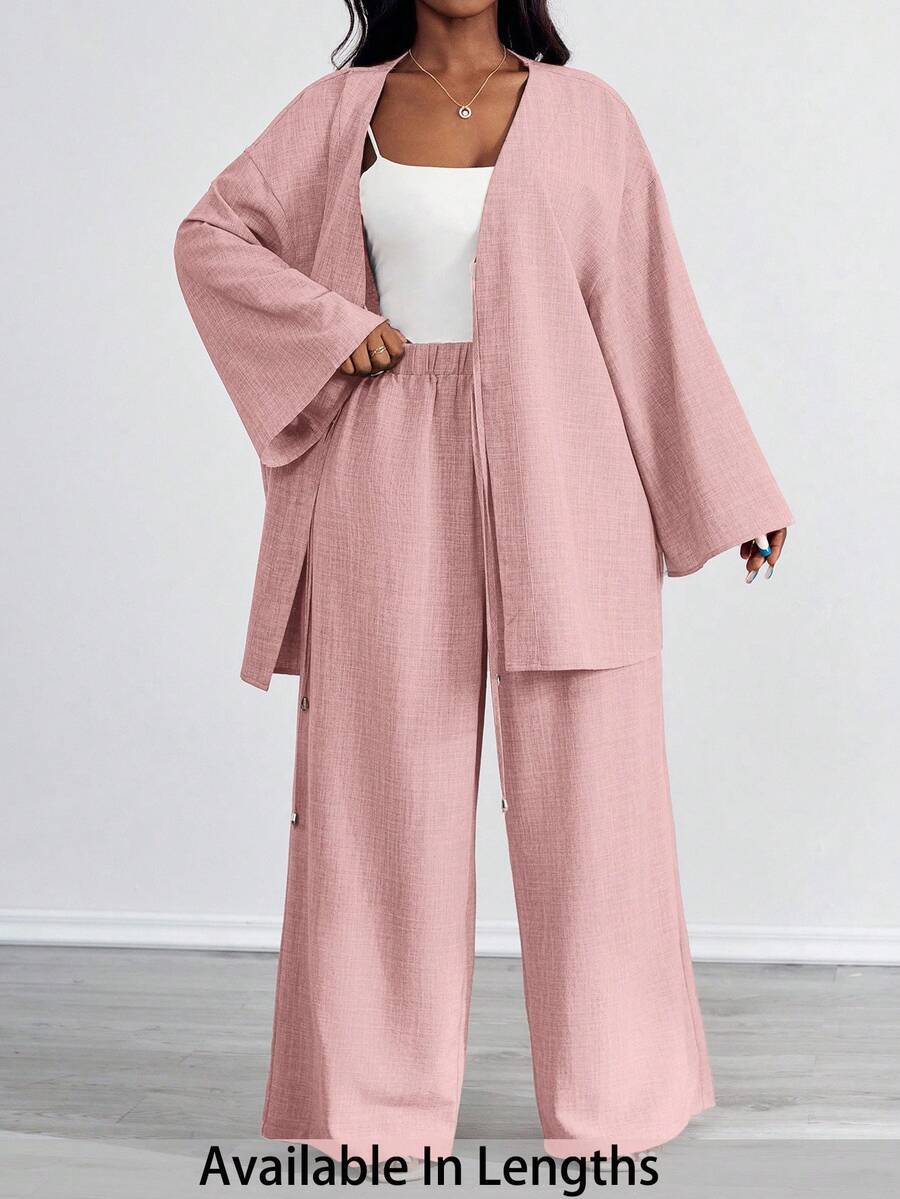 SHEIN PETITE CURVE 大尺碼女款休閒兩件套 前綁帶長袖上衣與長褲套裝 素色粉色 適合海灘正式度假商務穿搭 夏季秋季 - 藕粉色 - 查看 1