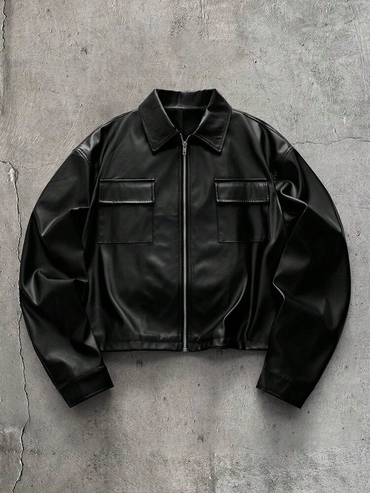 FeverCity Men's Fashion Street PU Material Zipper Long Sleeve Jacket - Black - View 8