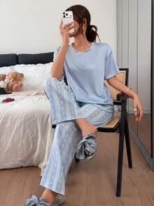 Napfluff Solid Color Short Sleeve Top With Puff Wrinkled Lines And Ditsy Floral Long Pants Pajama Set - Multicolor - View 5