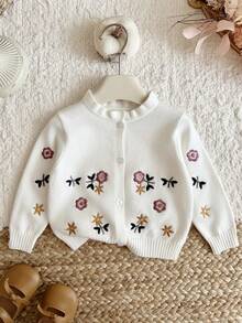 LMoss Kids 女嬰針織刺繡立領荷葉邊休閒開襟衫 - 白色 - 查看 1