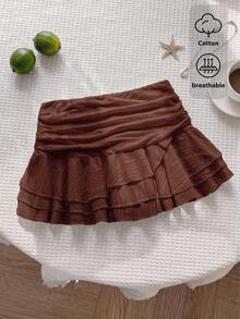 SHEIN Unity Women's Pure Cotton Elegant Ruffle Hem Vacation Style Mini Skirt, Summer Skirt, White - Rust Brown - View 3