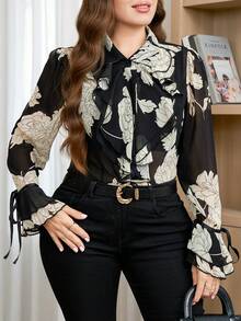 SHEIN Clasi Camisa de mujer talla grande elegante y romántica con lunares negros & blancos, ribete de encaje, borde denso, cuello vuelto, manga acampanada, manga larga, puño con volantes y botones - Multicolor - Ver 6