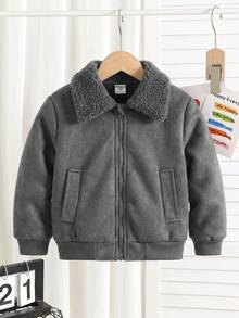SHEIN 兒童小男孩純色長袖拉鍊保暖外套，適合秋冬穿著 - 灰色 - 查看 5
