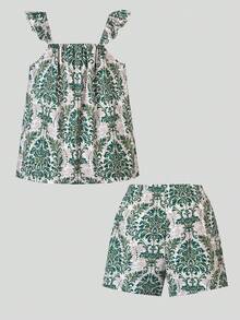 Elladie kids 青少年女孩 T-shirt 與短褲 2 件套，休閒寬鬆度假風，極簡回校穿搭，復古波希米亞夏季女童服飾 F - 彩色 - 查看 2