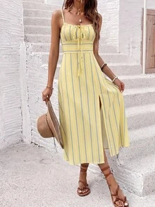 SHEIN Frenchy 女款中長洋裝 休閒海濱風 性感端莊 極簡度假波希米亞 優雅浪漫復古藍黃條紋印花 - 彩色 - 查看 4
