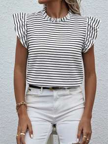 SHEIN Blusa con cuello alto, volantes y ribete de volantes para ropa de Año Nuevo - Blanco - Ver 3