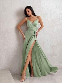 Firerie Women's Pleated Deep V-Neck Slit Front Bridesmaid Dress With Spaghetti Straps (Adult) Elegant Dress Wedding - Mint Green - View 7