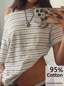 Tseoso 女款 95% 棉寬鬆 T 恤，杏棕色條紋，滿版印花，落肩設計，運動休閒風 - 白色 - 查看 2