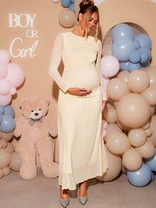 Loomaby Elegant Maternity Solid Color Party Photoshoot Dress, Gender Reveal Dress, Baby Shower Dress, Wedding, Birthday Autumn Allover White - Yellow - View 10