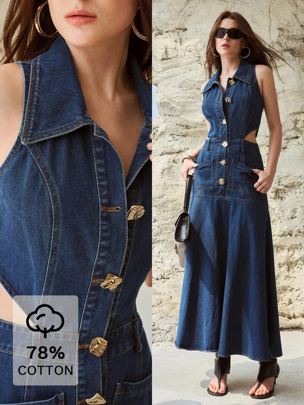 casual turndown collar zipper waist buckle denim maxi dress Regina Lapel Collar Cut-out Denim Maxi Dress