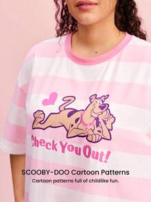 LUVLETTE Scooby-Doo Plus Size Women's Cotton Striped Nightgown Pink White Sleep Dress With Fun Cartoon Print Comfy Loungewear Graphic - Pink - View 12
