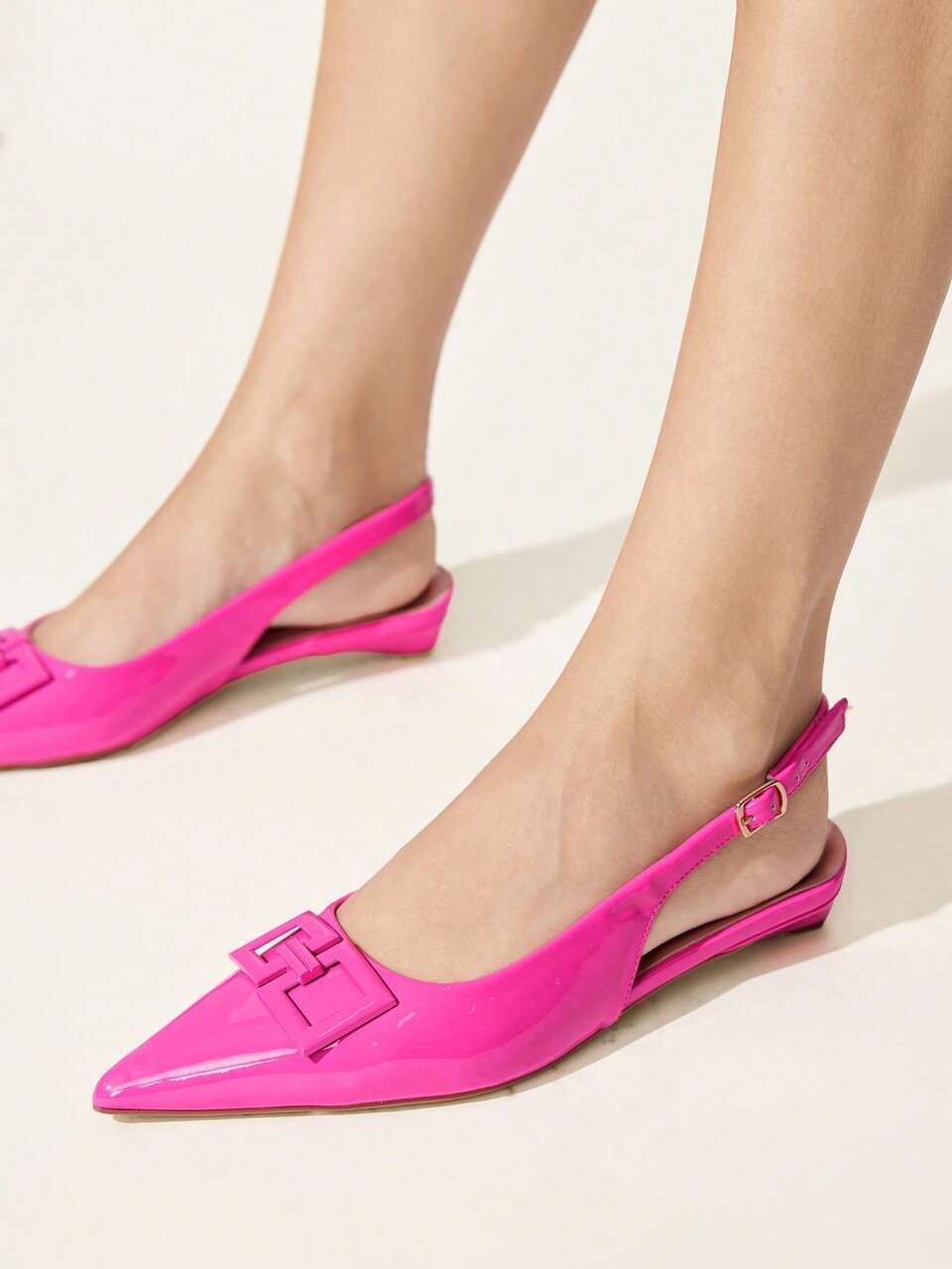 CUCCOO CHICEST Rose Powder Buckle Small Wedge Heel Short Heel Elegant Rose Powder Patent Leather PU Glossy Women's Flat Shoes Dew With Commuter Dating Daily