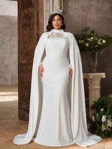 Aureia Plus Size Elegant White 2 In 1 Cape Lace Patchwork Elastic Fabric Round Neck Long Sleeve Mermaid Tail Train Dress Dinner Formal Wedding Autumn - White - View 7