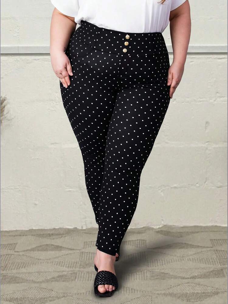 Hourglow Pantalones de Talla Grande con Cintura Alta y Botones con Estampado de Lunares para el Verano, para Body con Forma de Reloj de Arena - Blanco y Negro - Añade 4