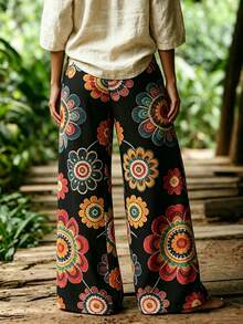 EMERY ROSE Pantalones de pierna ancha con estampado floral estilo casual de vacaciones para mujer talla grande - Multicolor - Ver 2