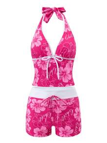 SHEIN Swim Curve Magenta Tropical Ditsy Floral Deep Tie Straps Casual Vacation Pool Women's Halter Neck Push-Up Bikini Top - Multicolor - View 4