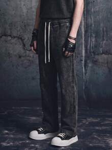 Vyqestra Men's Solid Color Casual Sweatpants Black Washed Pants Men Joggers Denim Acid Wash Vintage Cotton - Black - View 5