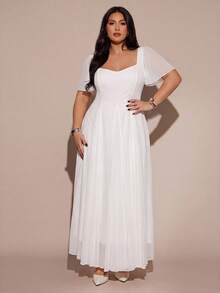 SHEIN BAE 大尺碼女款純色心形領荷葉邊短袖優雅洋裝 - 白色 - 查看 5