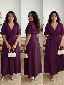 Enliva Plus Size Elegant Solid Color Tie-Wrap Dress, Suitable For Party Curve Elegant Dress Plus Size Bridesmaid Dress - Red Violet - View 2